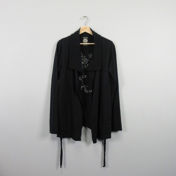 Vintage Lucky Brand Cardigan Women L Black Cotton Floral Embroidered Boho 450 - Picture 1 of 8